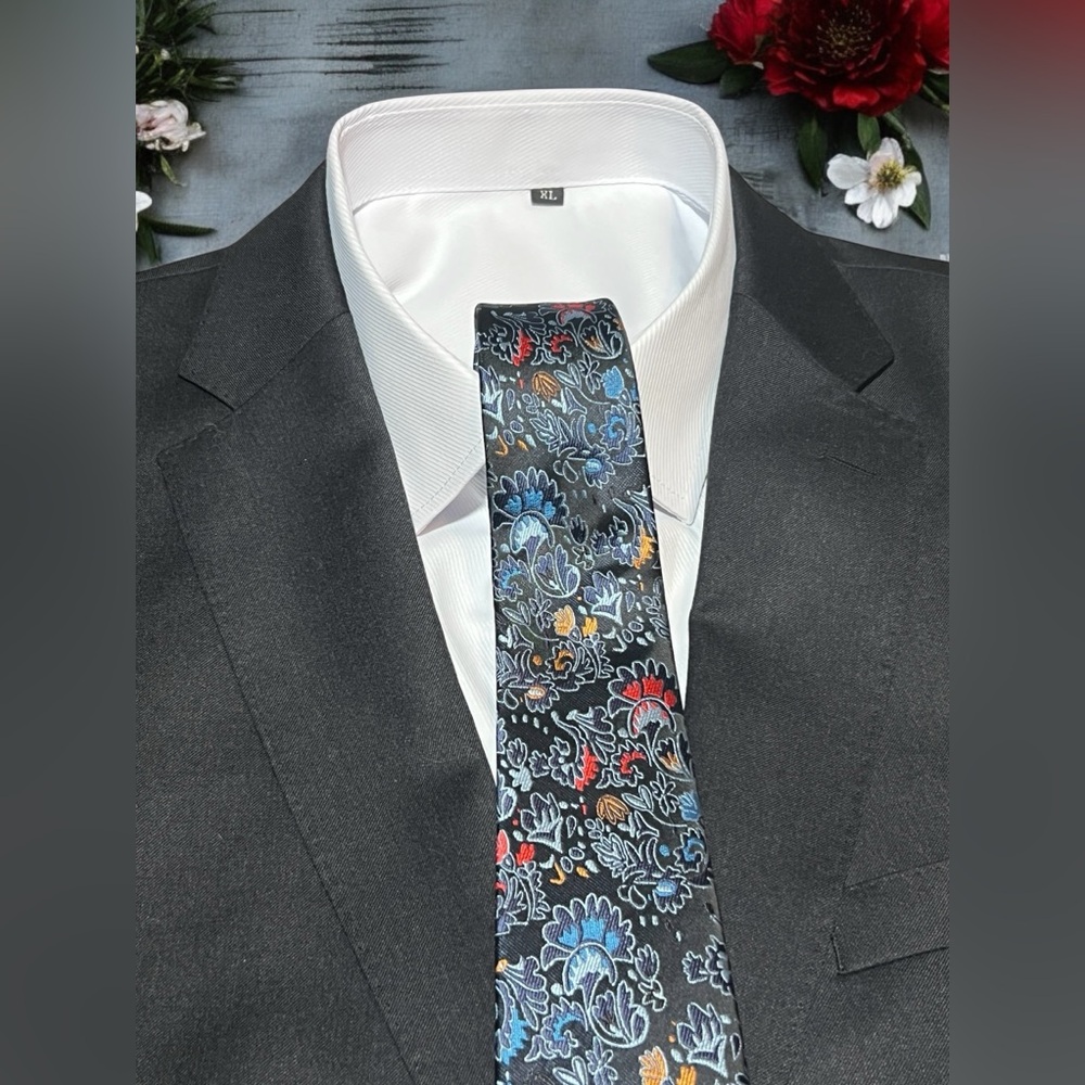 Tie Silver Lined Primary Colored Flowers against a Black Background 57.75”x3.25”